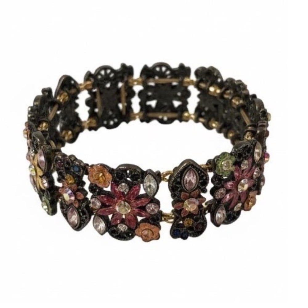 Vintage‎ Enameled Floral Garden Bracelet Brass Base Rhinestones Stretch Unmarked